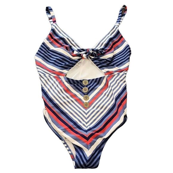 Time and Tru Women's July Stripe Tie Front One Piece Swimsuit Blue & Red Large - Picture 7 of 14